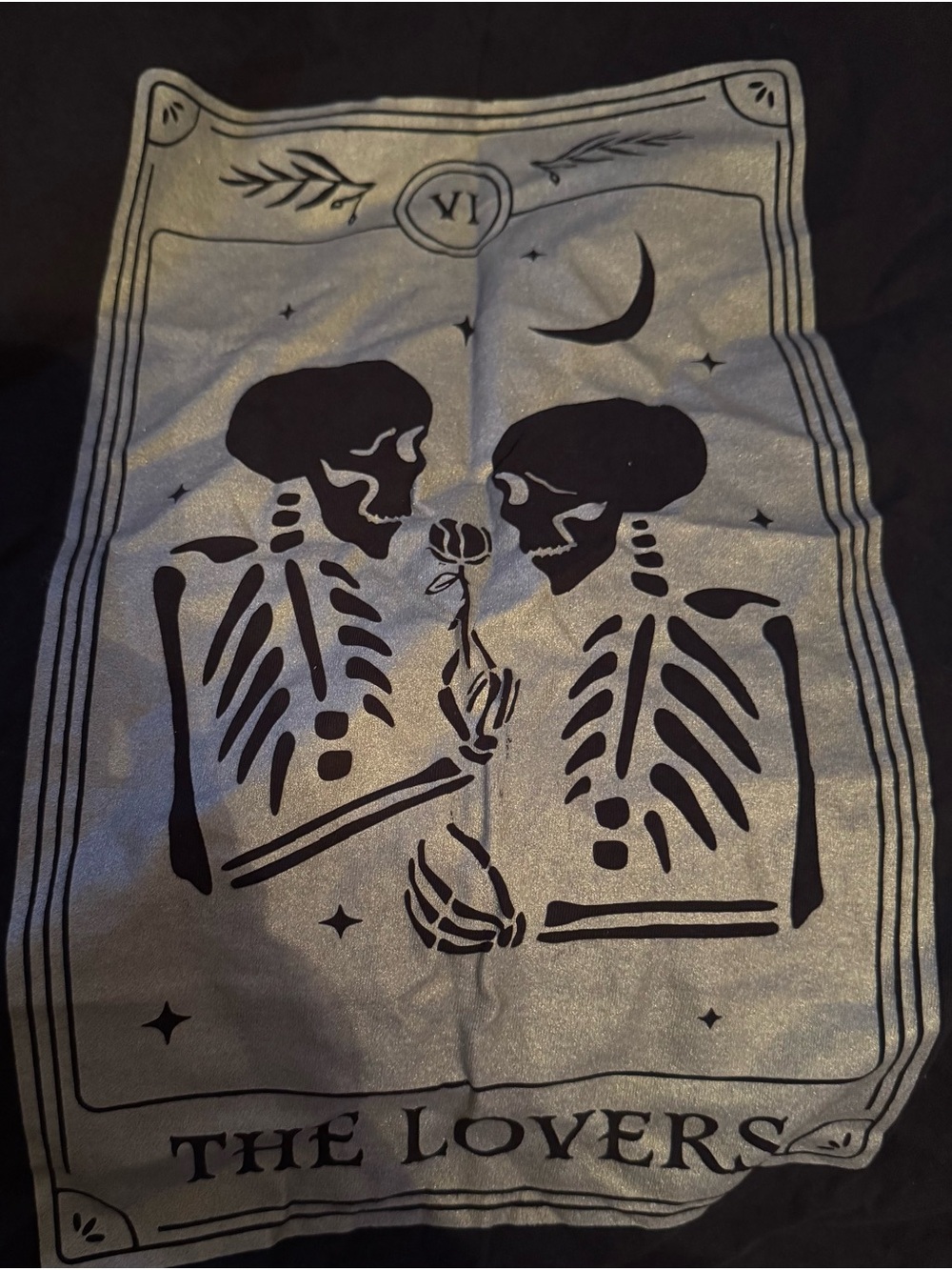 Pebby Forevee Black Graphic Cotton Tee , Lovers Tarot Print in Silver, Size 2X